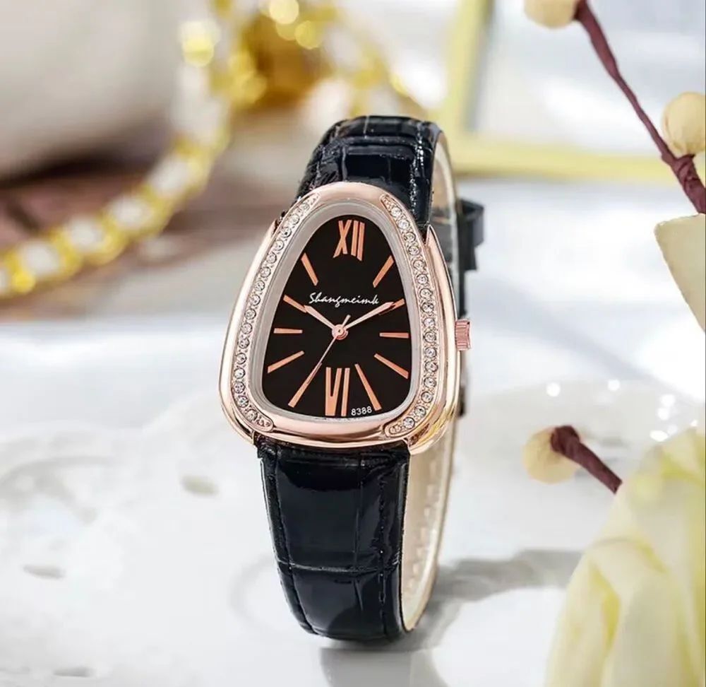 Womens Black Vegan Leather Crystal Watch Rose Gold Tone Elegant Dress Wristwatch
